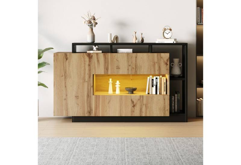 MC Star Sideboard Modernes LED Sideboard, Glas-Esszimmerschrank in Original Holzfarbe (LED Esszimmerschrank für Wohnzimmer mit Bluetooth Steuerung LED Esszimmerschrank) von MC Star