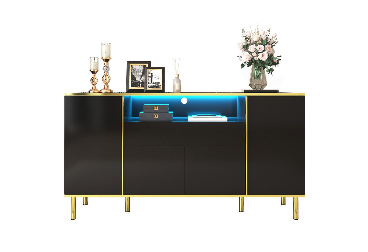 MC Star Sideboard hochglänzende schwarze Kommode mit 1 Schublade, Kommode (Schlafzimmerkommode, hochglänzendes schwarzes Sideboard – B150/T40/H80cm) von MC Star