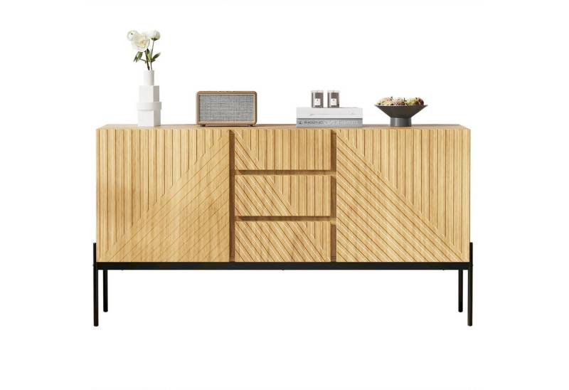 MC Star Sideboard mit 2 Türen und 3 Schubladen,Metallbeinen, TV-Schrank,Buffet, Kommode (Kommode mit Linien-Design, Maße: H75 cm / B140 cm/ T40 cm) von MC Star