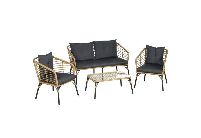 MC Star Sitzgruppe Gartenmöbel-Set Rattan Sitzgarnitur mit Kissen 3 Sessel 1 Couchtisch, (Balkonmöbel im Boho-Stil für 4 Personen Sand Dunkelgrau) von MC Star