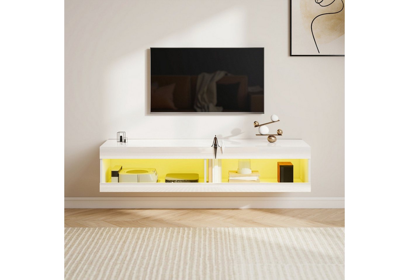 MC Star TV-Schrank Hängendes TV Lowboard mit RGB LED-Beleuchtung in 16 Farben (TV Ständer mit offenen Stauraum, für 55-60 Zoll Fernseher, für Wohnzimmer, Schlafzimmer, 140 x 40 x 30 cm, Hochglanzweiß) von MC Star