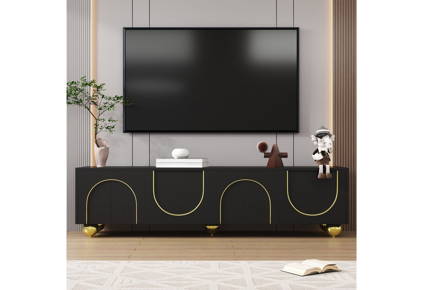 MC Star TV-Schrank lowboard mit strukturierten Türen, goldenen Verzierungen (goldenen runden Beinen, inklusive Einlegeböden, push-to-open) von MC Star