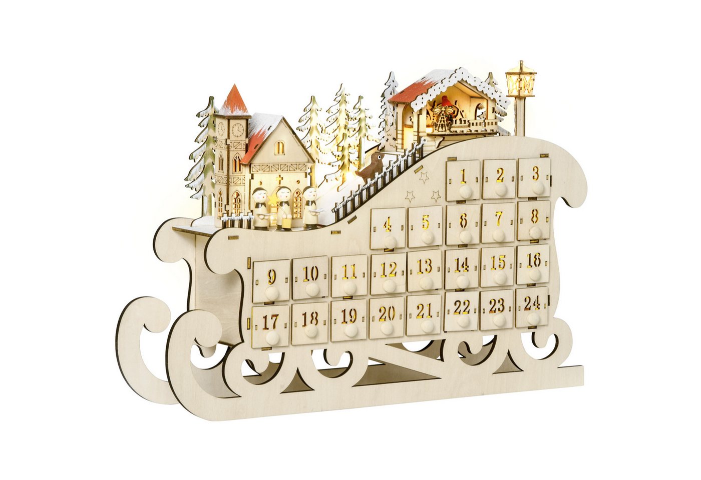 MC Star befüllbarer Adventskalender zum Befüllen 24 Schubladen mit LED-Lichtern Schlitten-Form (Weihnachtskalender DIY 45 x 10 x 31 cm für festliche Dekoration) von MC Star