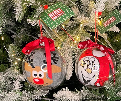 2 Paar Damen Thermosocken Socken in Geschenkkugel Weihnachtskugel Geschenkverpackung Weihnachtsbaum Weihnachten Christbaumkugel (Damen 1x Rentier Grau + Weihnachtsmann Rot) von MC-Trend