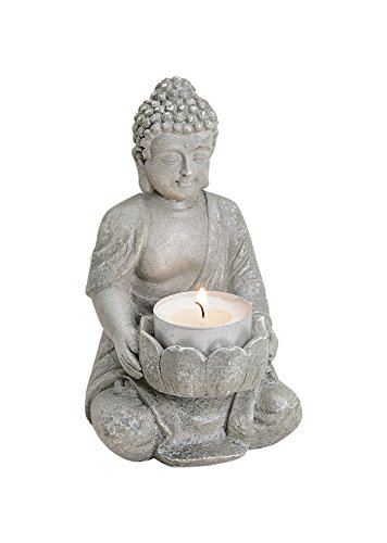 Buddha Figur mit Teelichthalter. Ideal für drinnen und draußen, 14cm hoch aus wiederstandsfähigem Polyresin von MC-Trend
