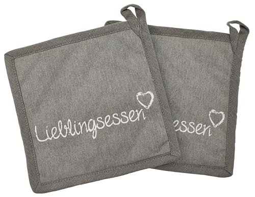 MC-Trend 2er Set Topflappen Lieblingsessen mit Schriftzug 20 cm in grau aus Baumwolle Topfhandschuhe Ofenhandschuhe zum Kochen und Backen Haushalthelfer für optimalem Schutz (2er Set Topflappen) von MC-Trend