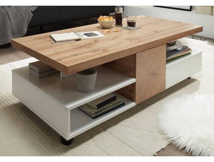 MCA furniture Couchtisch Rennes (Wohnzimmertisch in weiß Lack und Eiche, auf Rollen, 120 x 60 cm), mit Schublade, mit Tür, beige von MCA-furniture