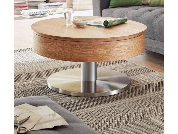 MCA furniture Couchtisch Suva (Wohnzimmertisch rund, Eiche Furnier, geölt und Edelstahl), auf Rollen, mit Stauraum, beige von MCA-furniture