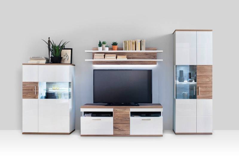 MCA furniture Vitrine Highboard (R) Luzern, weiß Hochglanz / Sterling Oak, LED Beleuchtung von MCA furniture