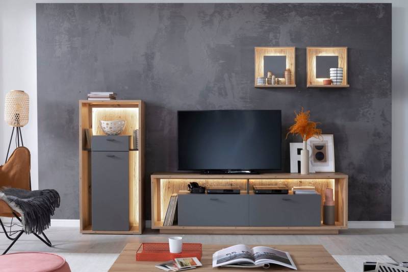 MCA furniture Lowboard Lizzano, TV Möbel für TV bis 80 Zoll mit 3D Rückwand, wahlweise mit Beleuchtung von MCA furniture