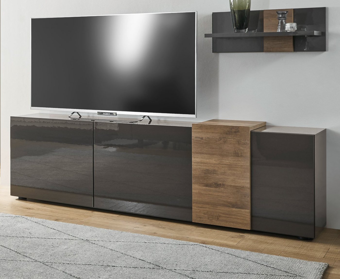 MCA furniture Lowboard Positano (Unterschrank in grau Hochglanz mit Eiche, Breite 181 cm), Front und Korpus Hochglanz Soft Close von MCA furniture