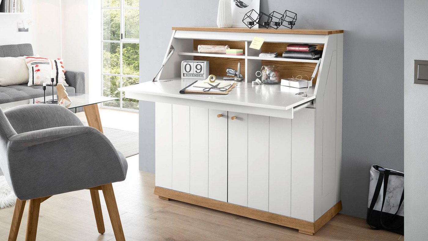 MCA furniture Sekretär Sekretär Terni weiß matt lackiert und Eiche furniert von MCA furniture