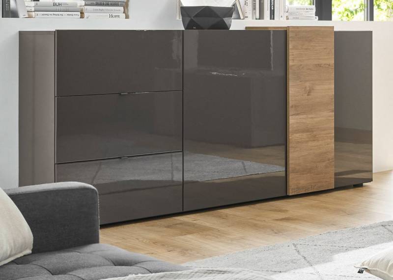 MCA furniture Sideboard Positano (Anrichte grau Hochglanz und Eiche, Breite 181 cm), Front und Korpus in Hochglanz, Soft-Close von MCA furniture
