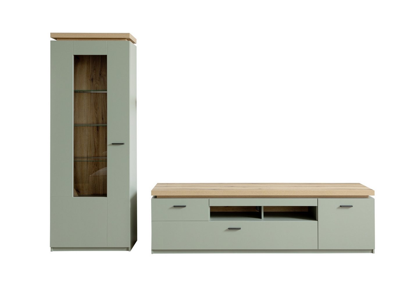 MCA furniture Wohnwand (2-teilig) Salbei / Eiche, Lowboard 195x57x44cm, Vitrine 70x197x38cm, (2-teilig) von MCA furniture