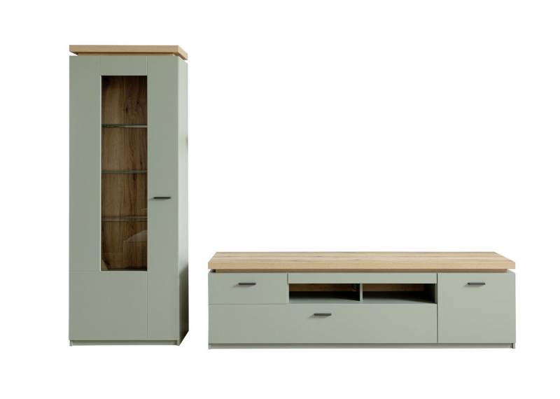 MCA furniture Wohnwand (2-teilig) Salbei / Eiche, Lowboard 195x57x44cm, Vitrine 70x197x38cm, (2-teilig) von MCA furniture