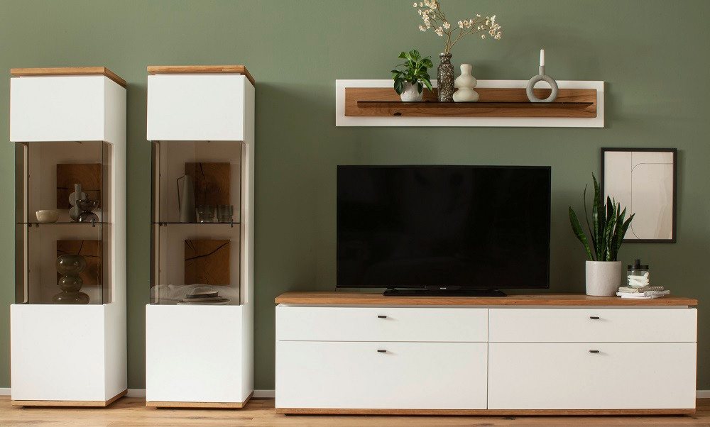 MCA furniture Wohnwand Wohnkombination Matadi, Soft white / Ast-Balkeneiche, 4-teilig, (4-St), Wohnwand, Anbauwand, modern von MCA furniture
