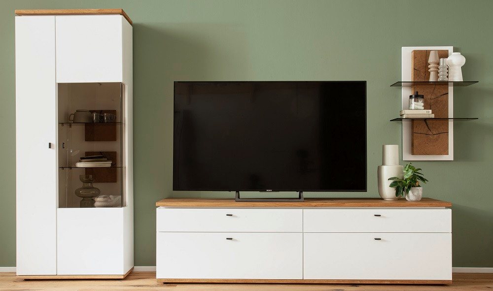 MCA furniture Wohnwand Wohnkombination Matadi 3, Soft white / Ast-Balkeneiche, 3-teilig, (3-St), Wohnwand, Anbauwand, modern von MCA furniture