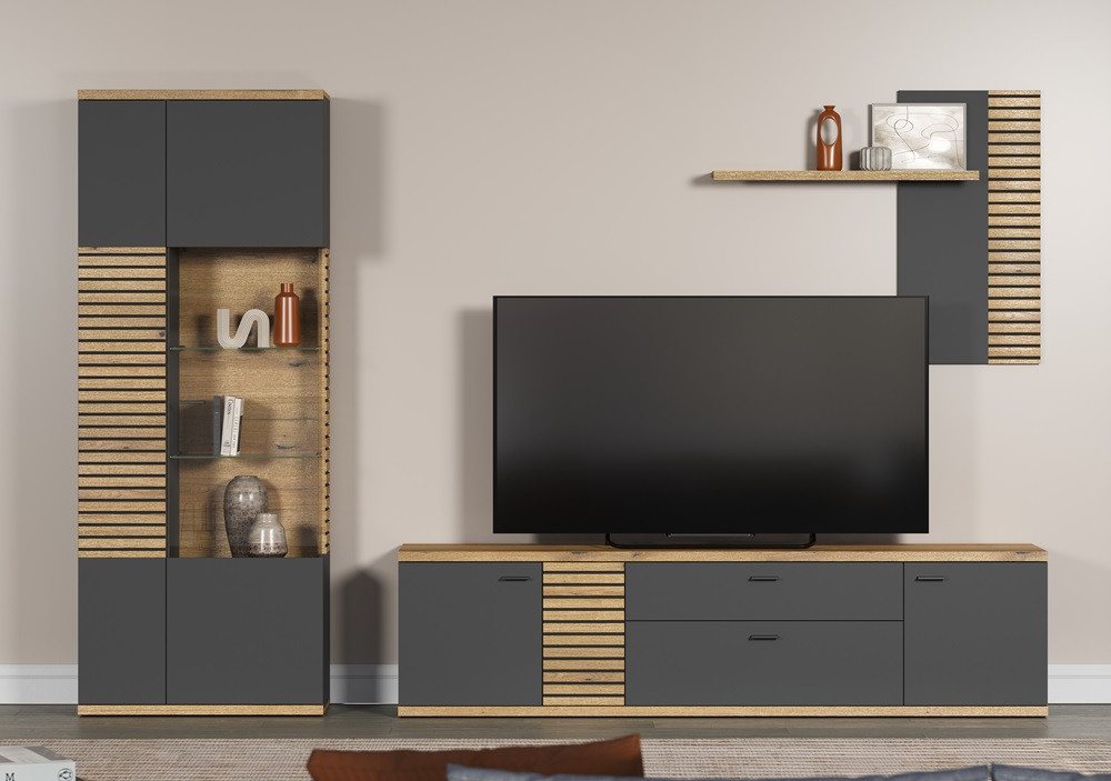 MCA furniture Wohnwand Wohnkombination Norris, grau / Coast Evoke Oak, 3-teilig, (3-St), Wohnwand Eiche ca. 300 cm von MCA furniture