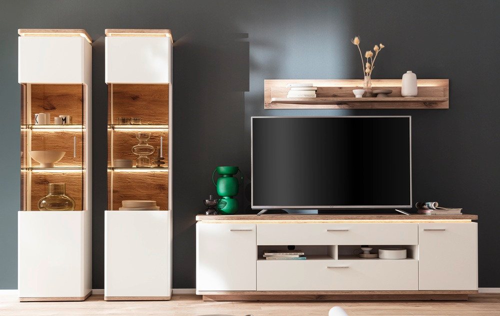MCA furniture Wohnwand Wohnkombination Palermo 4, Soft white / Viking Oak, 4-teilig, (4-St), Wohnwand weiß Eiche von MCA furniture