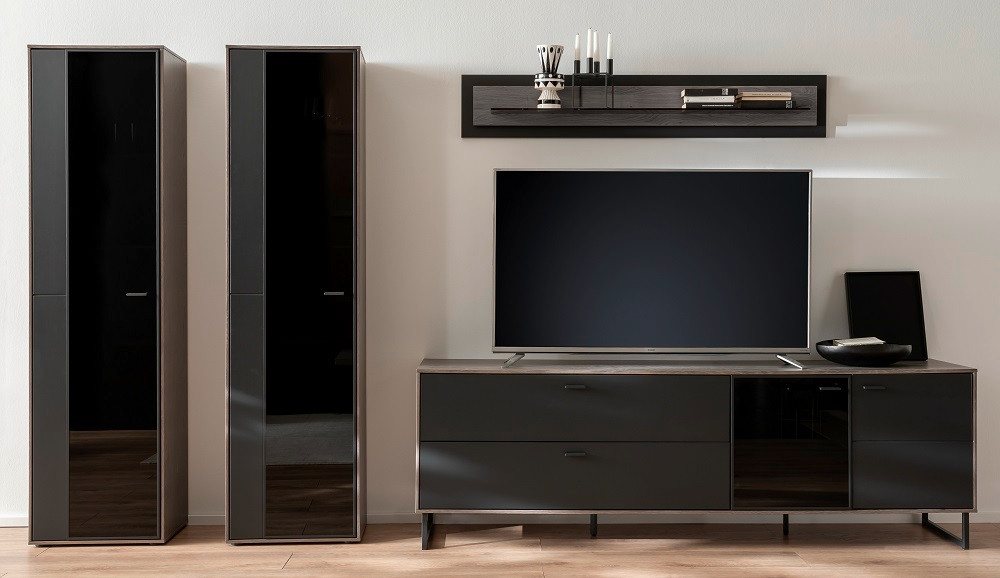 MCA furniture Wohnwand Wohnkombination Venezia 3, Softblack / Vulcano Eiche, 4-teilig, (4-St), Wohnwand, Anbauwand, modern von MCA furniture