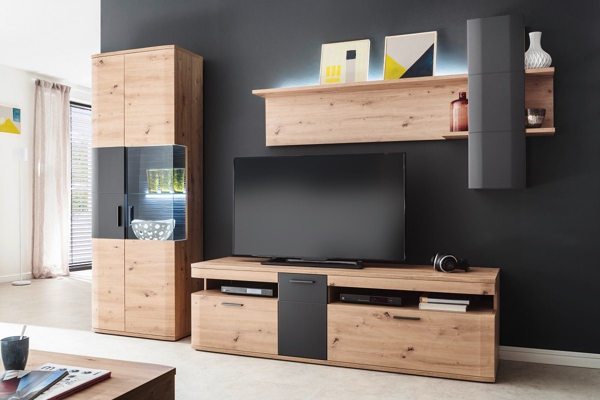 MCA furniture Wohnwand Wohnwand Anbauwand Cortona, Balkeneiche / anthrazit, 3-teilig, (3-St) von MCA furniture