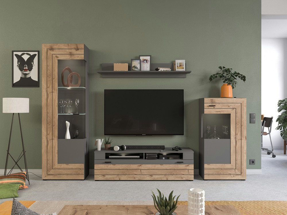 MCA furniture Wohnwand Wohnwand Freno, grau matt / Nox Oak, 4-teilig, (4-St) von MCA furniture