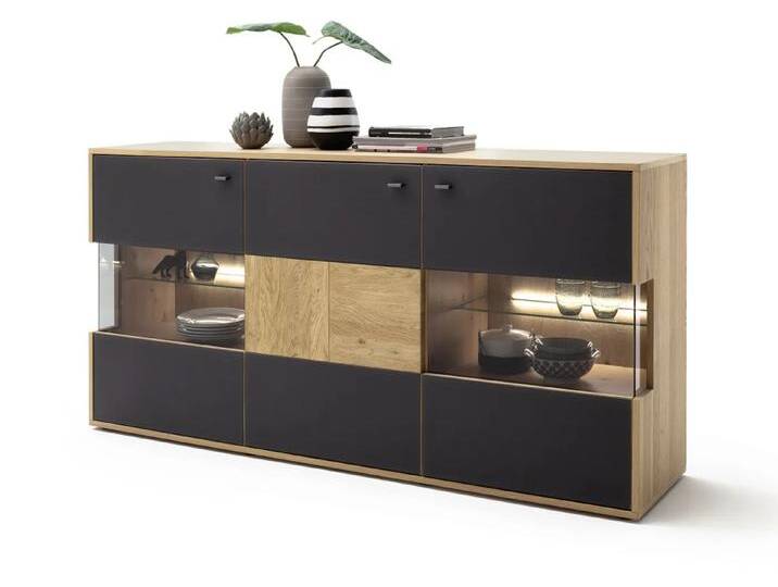 Sideboard Valencia Balkeneiche Bianco / Glas anthrazit 2er Set LED Rückwandbeleuchtung von MCA-furniture