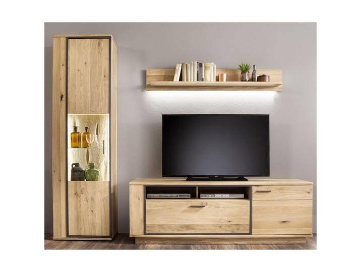 Wohnwand Anbauwand 3 Campinas Eiche Bianco massiv 3-teilig LED Beleuchtung von MCA-furniture