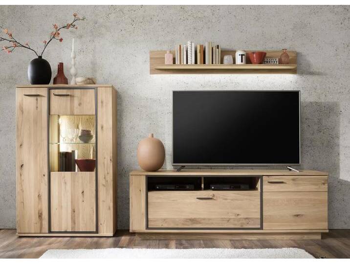 Wohnwand Anbauwand 4 Campinas Eiche Bianco massiv 3-teilig LED Beleuchtung von MCA-furniture