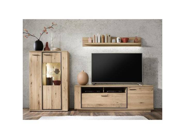 Wohnwand Anbauwand 4 Campinas Eiche Bianco massiv 3-teilig LED Beleuchtung von MCA-furniture