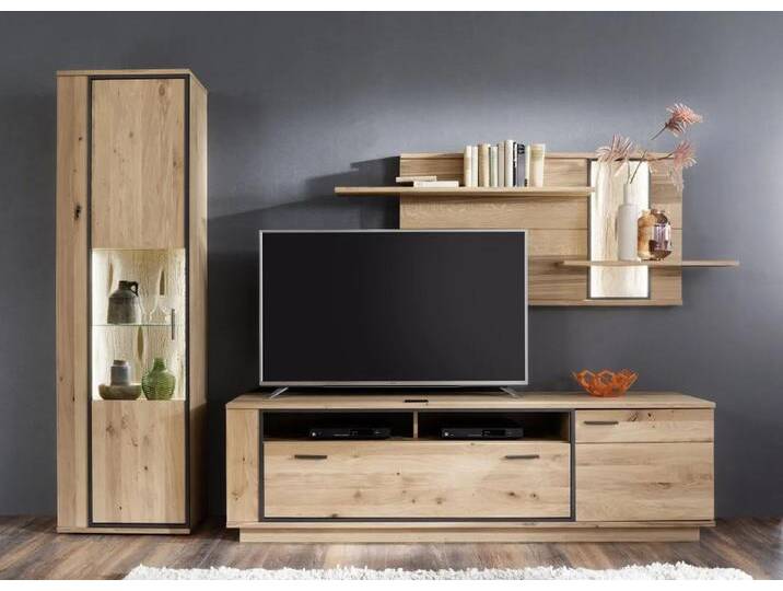 Wohnwand Anbauwand Campinas Eiche Bianco massiv 3-teilig LED Beleuchtung von MCA-furniture
