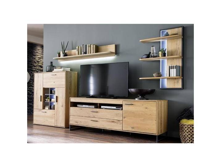 Wohnwand Anbauwand Portland Asteiche Bianco massiv 4-teilig LED Beleuchtung von MCA-furniture