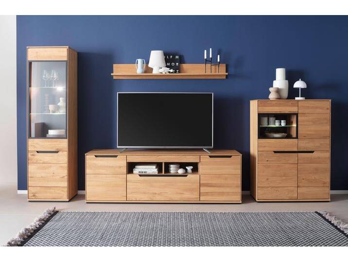 Wohnwand MCA LIVING Araya Wohnkombination II , braun (eichenfarben), B:377,5cm H:195,5cm T:45,5cm, Holzwerkstoff, Massivholz, Kastenmöbel-Sets, Schubkästen/ Türen gedämpft von MCA-furniture