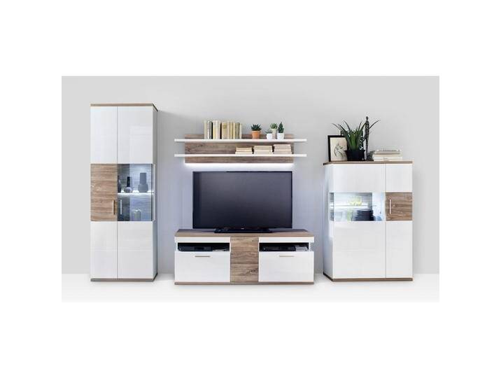 Wohnwand Wohnkombination 1 Luzern weiß Hochglanz / Sterling Oak 4-teilig LED Beleuchtung von MCA-furniture