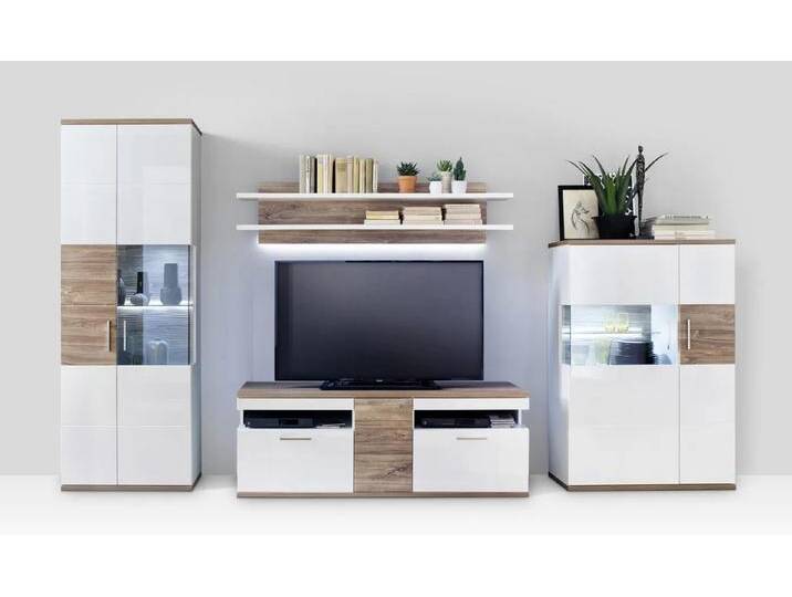 Wohnwand Wohnkombination 1 Luzern weiß Hochglanz / Sterling Oak 4-teilig von MCA-furniture