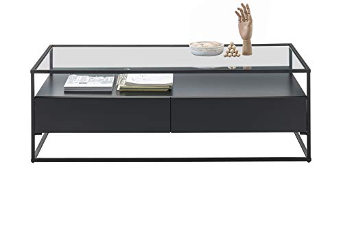 MCA Couchtisch Evora in schwarz matt mit Metallgestell Wohnzimmertisch mit Glastischplatte und 2 x Schubkasten 120 x 60 cm MCA Couchtisch Evora in schwarz matt mit Metallgestell Wohnzimmertisch mit Glastischplatte und 2 x Schubkasten 120 x 60 cm von Robas Lund
