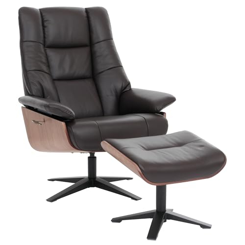 MCA Relaxsessel + Hocker HWC-N57, Fernsehsessel Liegesessel, Holz Echtleder - braun von MCA