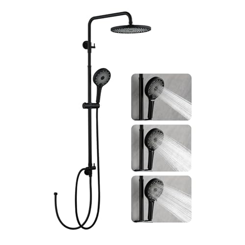 Duschsystem Regendusche ohne Armatur, Schwarz Duschset inkl. Rund ABS Kopfbrause D25cm, Handbrause 3 Strahlarten, Duschstange Höhenverstellbar, Duschschlauch 1,5m von MCADYS