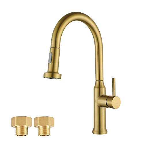 Wasserhahn Küche Ausziehbar Gold, Küchenarmatur mit Brause Ausziehbar Gebürstetes Gold, MCADYS Edelstahl Spültischarmatur mit Brause, Armatur Küche, 2 Strahlarten, 360° Drehbar von MCADYS