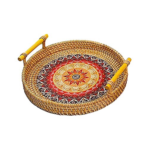 Rattan-Serviertablett, Handgefertigtes Rundes Rattan-Tablett, Gewebter Servierkorb mit Griffen, Rundes Weidentablett für Frühstück, Snacks, Getränke, Couchtisch, Heimdekoration(L) von MCDSAJ
