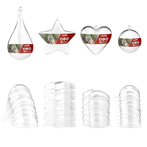MCE-Commerce A6699420 Acryl Formen Set glasklar mit Öse zum Aufhängen 2 Teile Herz 60mm, Stern 80mm, Tropfen 110mm, 5 x Kugel 50mm, Kunststoff, transparent, 5,6,7,8,11 cm, 20 Stück von MCE-Commerce