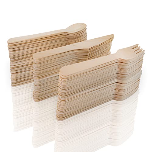 MCE-Commerce Holzbesteck 50 x Holzgabel, 50 x Holzmesser, 50 x Holzlöffel aus Birkenholz A5301150 Braun von MCE-Commerce