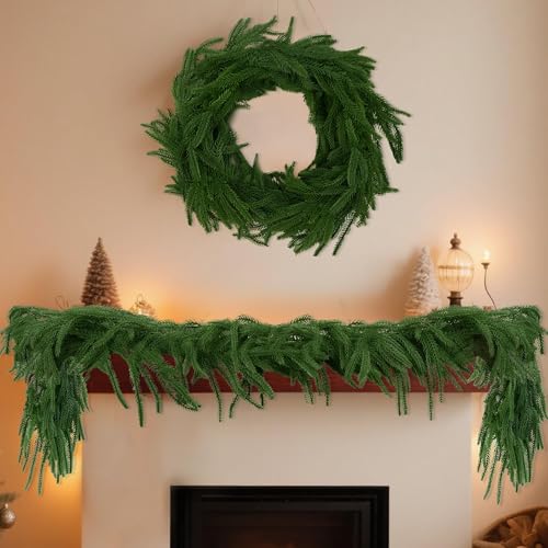 MCFULL Weihnachtsdekorationen für drinnen und draußen, 1,8 m, Norfolk-Kiefergirlande, künstliche Weihnachtsgirlanden, fühlt sich echt an, grüne Girlande für Kaminsims, Treppengeländer, Tischdekoration von MCFULL