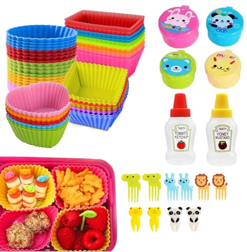 56 Stück Silikon-Cupcake-Einlagen, Trennwände, Bento-Box-Zubehör-Set, Mini-Salatflaschen mit Mini-Behälter und Obstspießen, wiederverwendbar und BPA-frei von MCHERRY