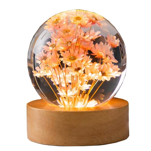 MCHERRY 3D Kristallkugel Nachtlicht, Planetenmodell mit LED-Beleuchtung, 3D Kristallkugel mit Led USB-Holzsockelfür Weihnachten Thanksgiving Geburtstag, Dekorative Tischlampe (Red Daisy) von MCHERRY