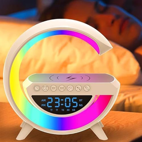 MCHERRY Smart Tischlampe mit LED Wecker, 15W Drahtloses Ladegerät, Bluetooth Lautsprecher, 13 Lichtmodi, Dimmbares Umgebungslicht für Büro und Schlafzimmer von MCHERRY