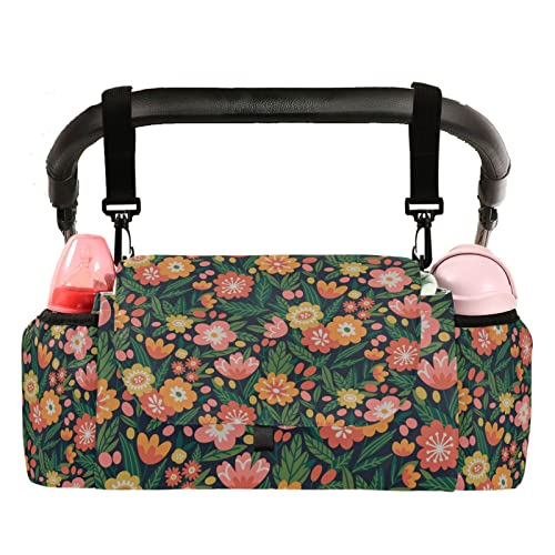 Blumen und Blätter Baby Kinderwagen Organizer mit verstellbaren Riemen, rutschfester Kinderwagen-Caddy mit Getränkehaltern, große Kapazität, Kinderwagen-Tasche für Windelspielzeug von MCHIVER