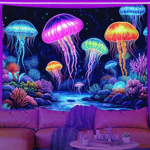 MCKTOM Schwarzlicht-Quallen-Wandteppich, UV-reaktiver Wandbehang, Fantasie-Ozean, leuchtet im Dunkeln, psychedelischer Boho-Hippie-Wandposter für Schlafzimmer, Wohnzimmer, Party-Hintergrund, 152,4 x von MCKTOM