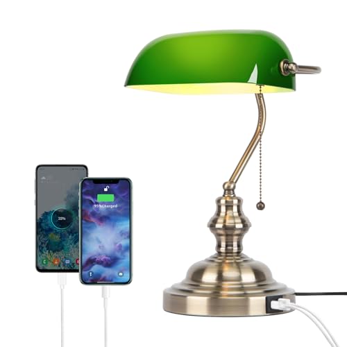 MCLWSQ Bankierlampe, grün, Vintage-Schreibtischlampe mit USB-Anschluss und Kettenschalter, zum Ziehen für Büros, Bibliotheken, Arbeitszimmer und Schlafzimmer von MCLWSQ