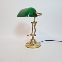 Vintage Mid Century Modern Charmante Banker Lampe Mit Höhen - Und Winkelverstellung in Messing Glas von MCMeffect